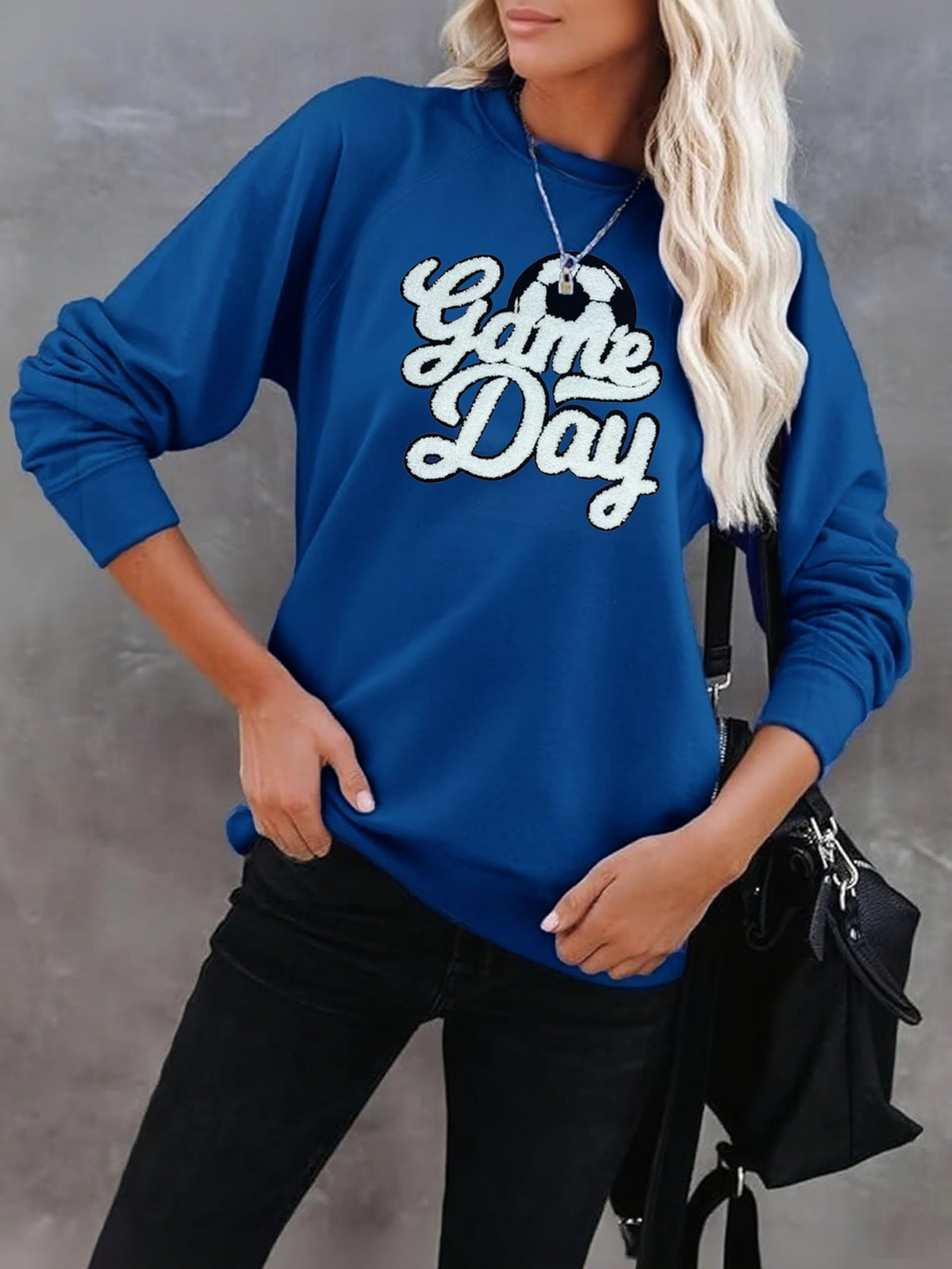 Game Day Soccer Sweatshirt Women Soccer Season Chenille Patch Pullover Top Causal Long Sleeve Football Top