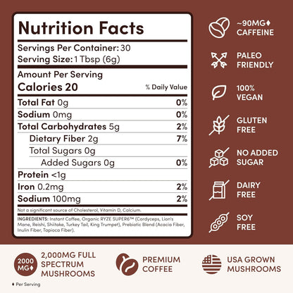 RYZE SUPERFOODS Mushroom Medium Roast Coffee USDA Organic with 6 Adaptogenic Mushrooms, USA Grown Instant Coffee for Better Energy, Focus Digestion Immunity with Lions Mane & Turkey Tail 30. Pack of 1