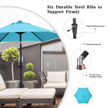 GDY 7.5ft Tassel Patio Umbrella and Matching Base, Outdoor Table Umbrella with 18 LED Lights,Market Umbrella with 6 Sturdy Ribs, with Push Button Tilt and Crank, Bright White