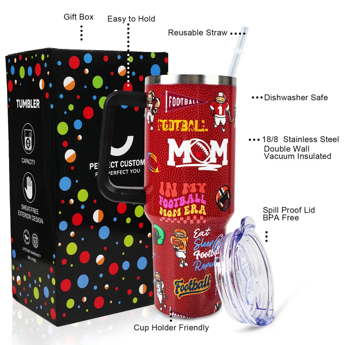 Baseball Mom 40 oz Tumbler with Handle and Straw Lid Leak Proof