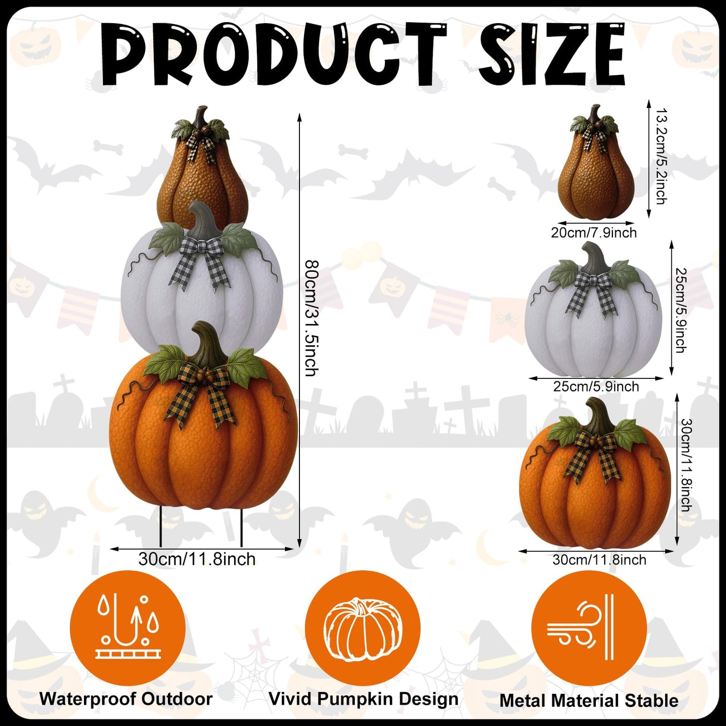 3 Pcs Fall Metal Stacked Pumpkin Garden Stakes Outdoor 3D Retro Pumpkin Decoration Fall Yard Stakes Lawn Signs Decorative for Autumn Harvest Holiday Pathway Patio Decor