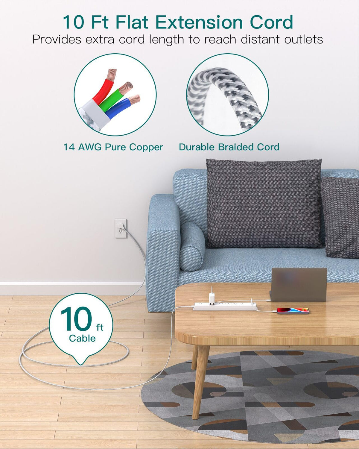Addtam Power Strip Surge Protector - 15ft Long Extension Cord