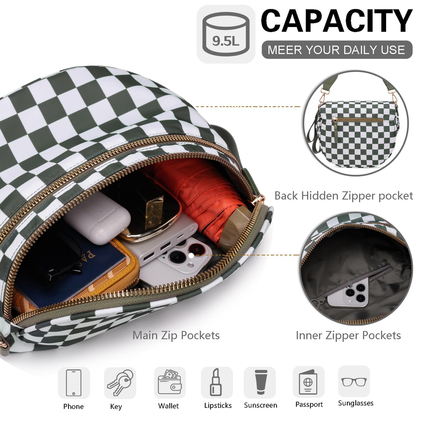 Pure Colour Crossbody Bum Bags for Women Spacious Checkered Cross body Bag Nylon Trendy Fanny Pack for Travel