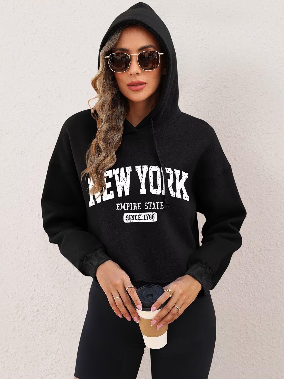 ORANDESIGNE Woman Graphic Print Cropped Hoodie Long Sleeve Fleece Pullover | 60% Cotton,Soft Fleece Fabric,Durable Letter Graphic Print,Drop Shoulder,Loose Fit,Easy Care,Going Out,Fall&Winter Casual