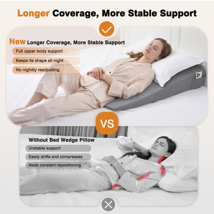 Vekkia King Bed Wedge Pillow for Headboard Gap, 0–6" Gap Filler with Side Pockets & Washable Cover, Gray 76"x10"x6"