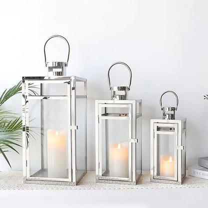 TRIROCKS Set of 3 Stainless Steel Candle Lantern 19/15/12'' High Metal Candle Holder with Tempered Glass Panels Perfect for Home Decor Living Room Parties Events Tabletop Indoors Outdoors (Rose Gold)