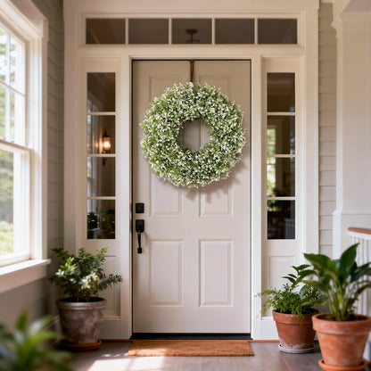 32" Large Artificial Boxwood Wreath for Front Door (White-Green) | Waterproof Fade Resistant,Premium Durable,Faux Aglaia Odorata Wreath,for Wall Window Farmhouse Outdoor All Seasons Decor