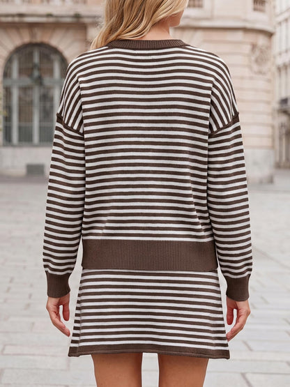 Tankaneo Women 2 Piece Striped Sweater Skirt Set