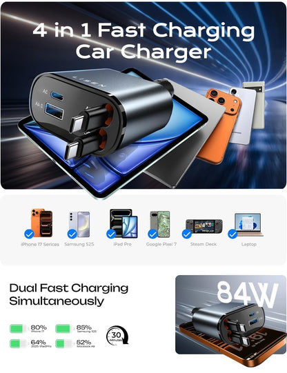 LISEN Retractable Car Charger, 84W Car Charger USB C Fast Charger, Cigarette Lighter USB Charger Adapter, Car Accessories Birthday Gifts for Men Women Dad Mom Husband, for iPhone 17 16 15 14 13 12 11
