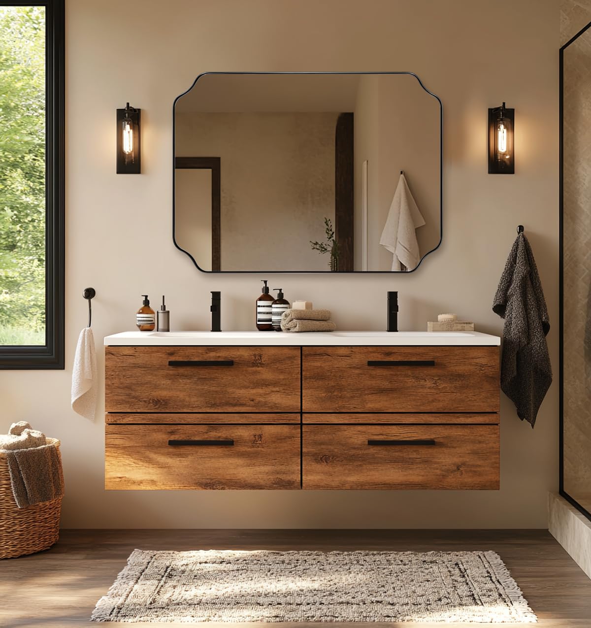 ANDY STAR Unique Rectangle Wall Mirror, 24"x32" Black Mirror, Modern Mirror with Aesthetic Scalloped Edge Design Ideal for Bathroom, Bedroom or Entryway, Thin Frame Deep 1’’