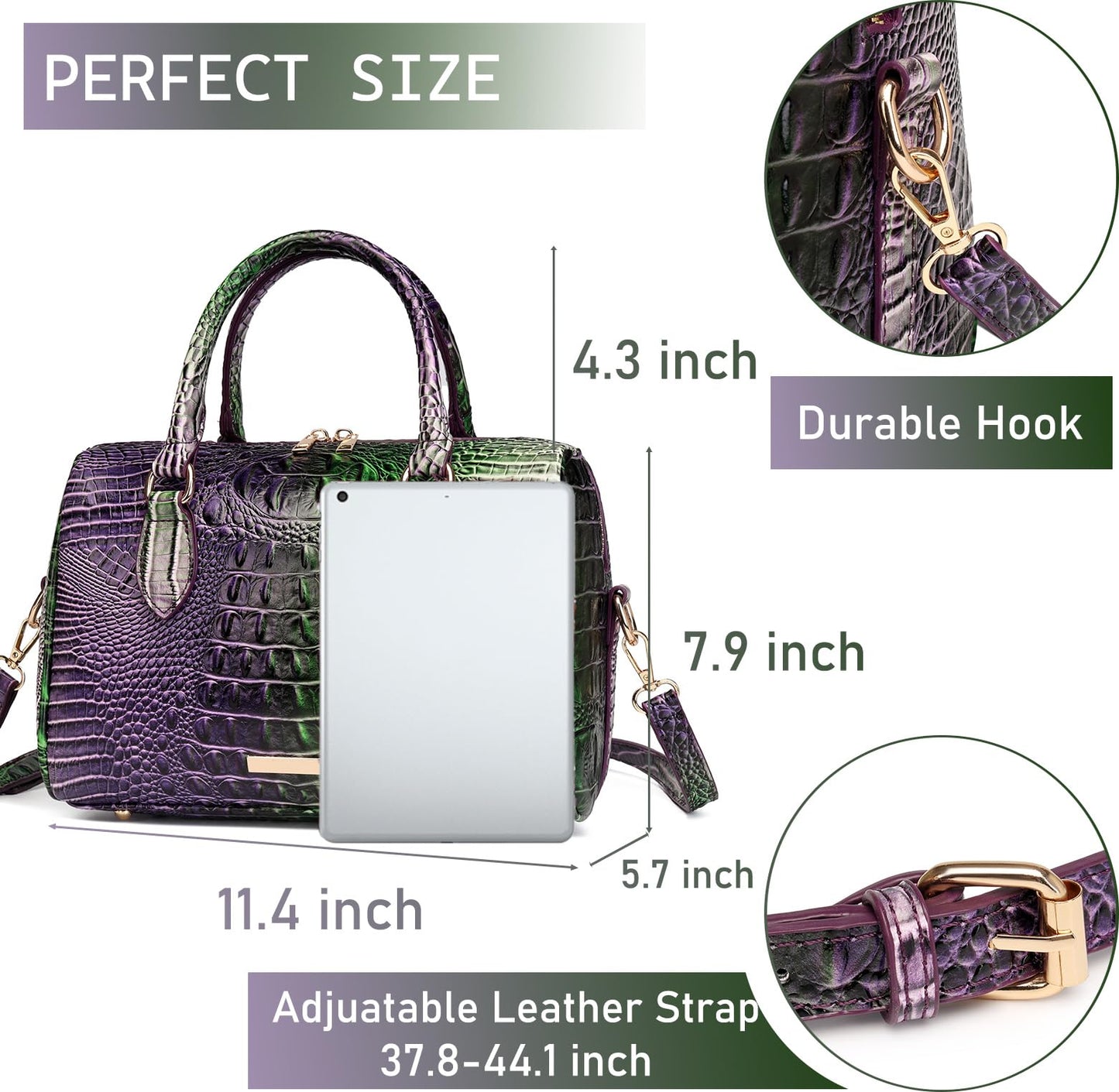 Makcr Joacbv Crocodile Handbag for Women Top Handle Leather Shoulder Purse | Glossy crocodile-embossed vegan leather with rolled handles, buckle details, a structured dome shape, and adjustable strap.