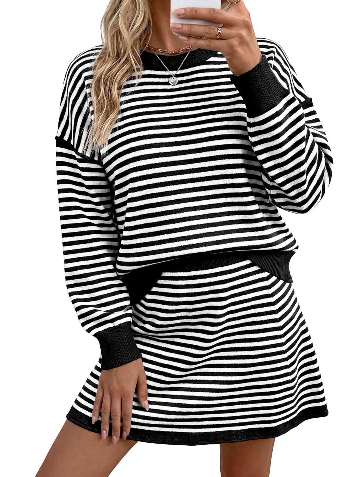 Tankaneo Women 2 Piece Striped Sweater Skirt Set