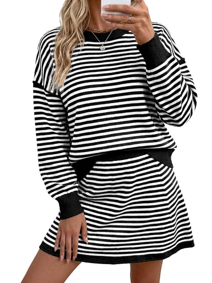 Tankaneo Women 2 Piece Striped Sweater Skirt Set