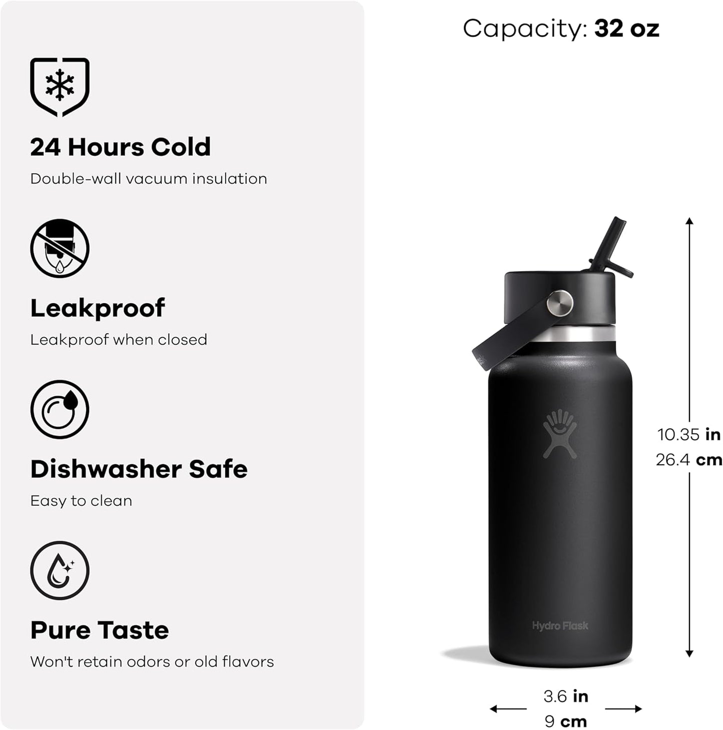 Hydro Flask Water Bottle - Insulated Stainless Steel - Wide Mouth Flex Straw Lid, Non Spill, Leakproof and Refillable in 32 Oz Supernova Purple