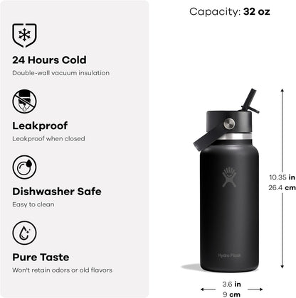 Hydro Flask Water Bottle - Insulated Stainless Steel - Wide Mouth Flex Straw Lid, Non Spill, Leakproof and Refillable in 32 Oz Supernova Purple