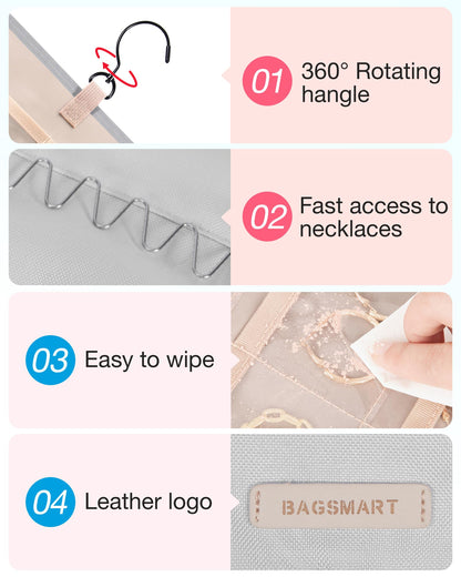 BAGSMART Hanging Jewelry Organizer Storage Roll with Hanger Metal Hooks Double-Sided Jewelry Holder for Earrings, Necklaces, Rings on Closet, Wall, Door, 1 piece, Medium, Pink