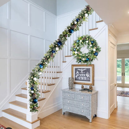 WANNA-CUL Pre-lit 9Feet /108 Inch Christmas Garland with Lights for Front Door, Red Gold Ligthed Christmas Mantel Garland Decoration with Ball Ornaments, Battery Operated 50 LED