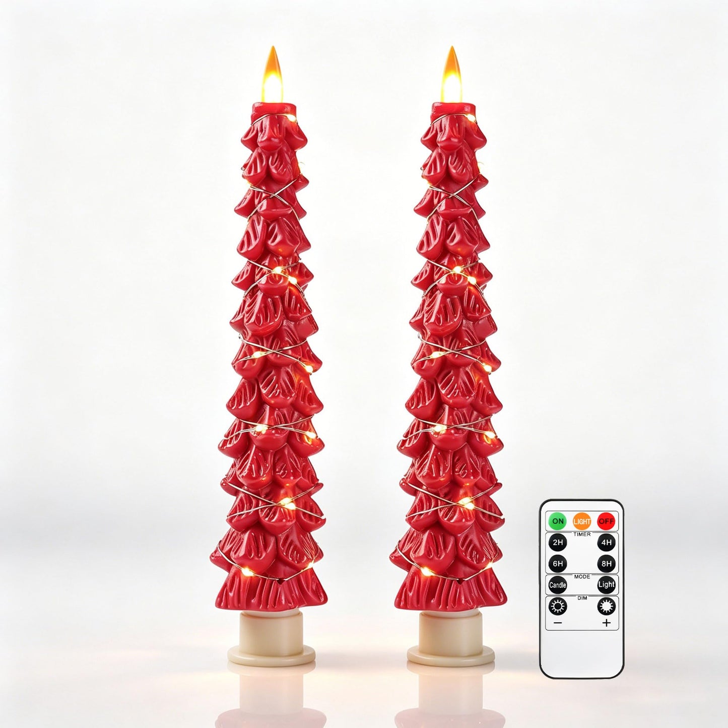 2 Pack White Christmas Tree LED Taper Candles, Flameless Flickering Candles with Copper String Lights, Upgraded Realistic Flame Effect, Battery Operated with Remote for Christmas Home Decoration