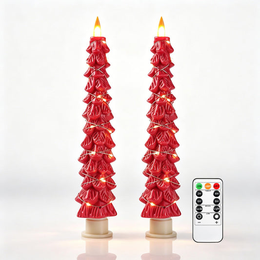 2 Pack White Christmas Tree LED Taper Candles, Flameless Flickering Candles with Copper String Lights, Upgraded Realistic Flame Effect, Battery Operated with Remote for Christmas Home Decoration