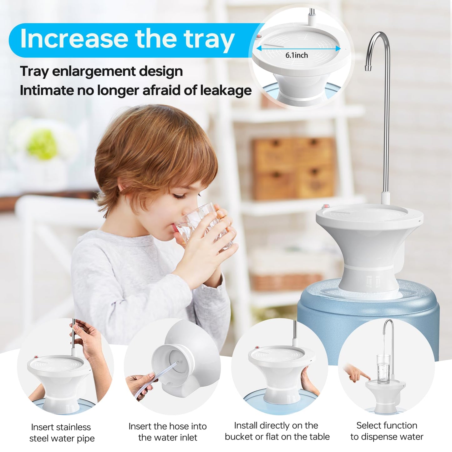 Drinking Water Dispenser Pump, Automatic Electric Drinking Water Bottle Pump for 2-5 Gallon Water Jugs, USB Rechargeable with 2 Switch Control, Stable and Portable for Home, Kitchen, Office, Camping