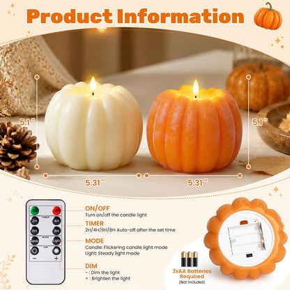 Fall Decor, Fall Decorations for Home - Flameless Pumpkin Candle with Timer Remote - Room Bedroom Table Farmhouse Decor for Halloween, Thanksgiving, Orange+White