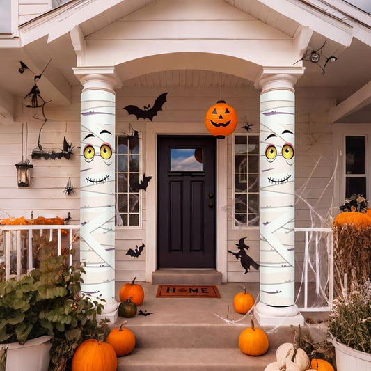 Mindsoft 2 Pack Summer Halloween Mummy Door Cover Decorations with 18ft Straps, 108x54 Inch PVC Weatherproof Spooky Bandage Wrap for Front Porch Pool Beach Haunted House Party Supplies