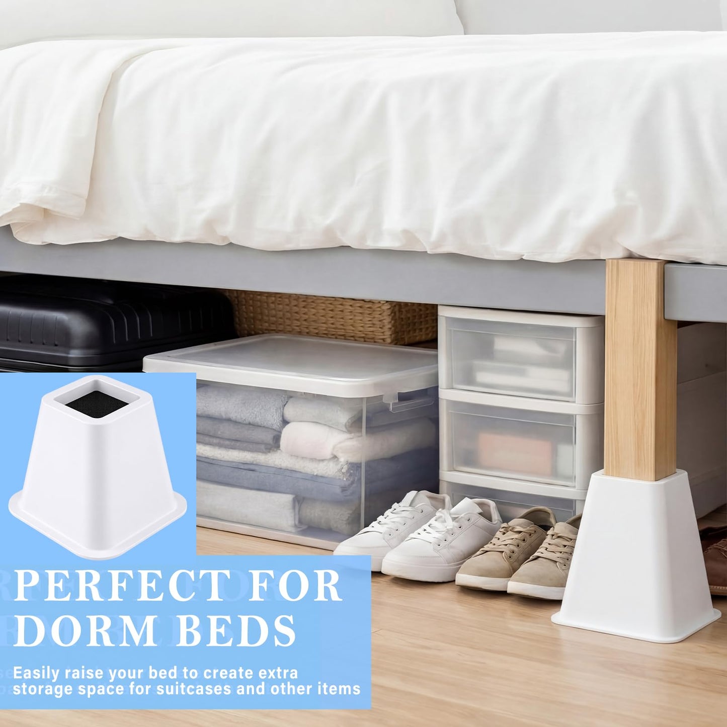 Novabright 4 Pack 12 Inch College Dorm Bed Risers Heavy Duty Extra Plastic Dorm Bed Extender Stackable Furniture Risers for College Room Storage Sofa Table Desk Couch Chair(White)
