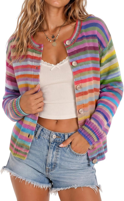 utcoco Women's Cute Rainbow Striped Button Down Knit Cardigan Sweaters