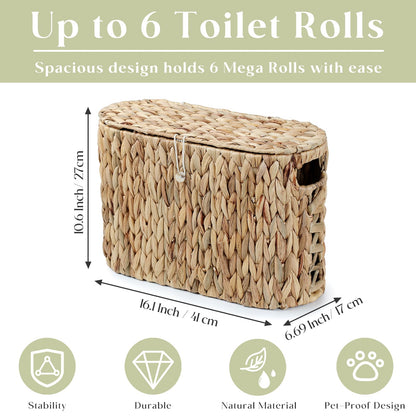 YANGQIHOME Toilet Paper Storage, Water Hyacinth Toilet Paper Storage with Lid, Papers Container for up to 9 Mega Rolls, Bathroom Basket Organizer
