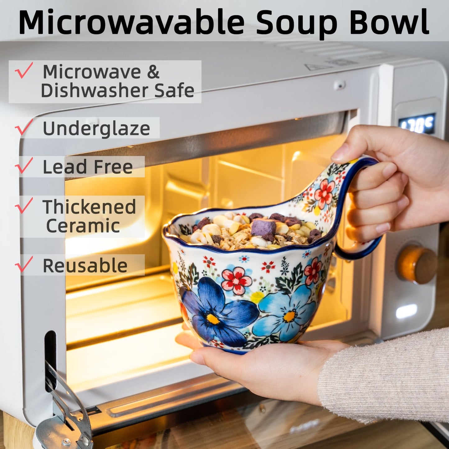 ALMA Handpainted Microwavable Soup Bowl with Loop Handle 18.6oz, Cereal Bowl With Handle Great for Berry, Fruits, Chili, Stew, Ice cream,Floral Soup Mug for Women