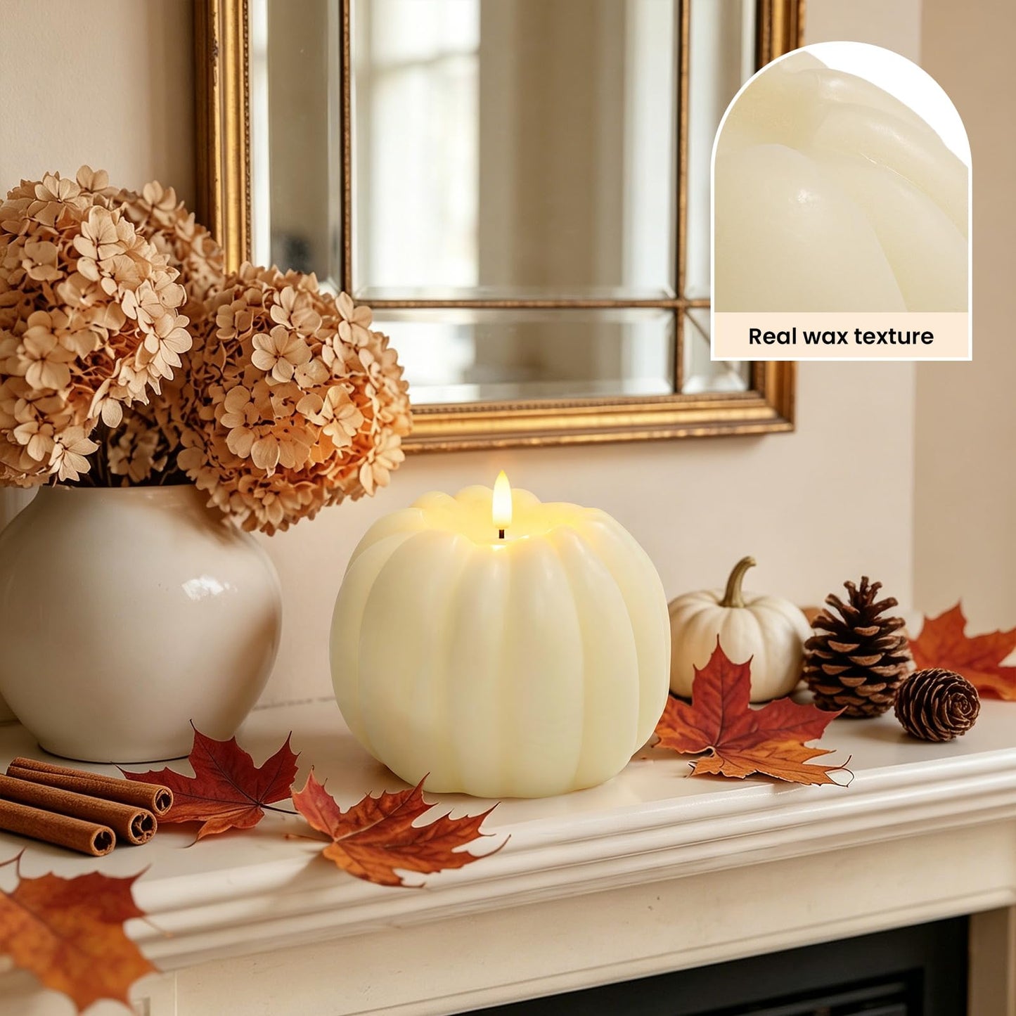 Fall Decor, Fall Decorations for Home - Flameless Pumpkin Candle with Timer Remote - Room Bedroom Table Farmhouse Decor for Halloween, Thanksgiving, Orange+White
