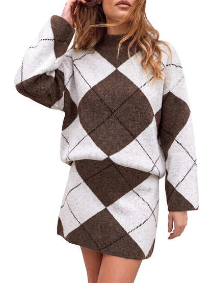 Cicy Bell Women Mock Neck Argyle Sweater 2 Piece Outfits Mini Skirt Sets