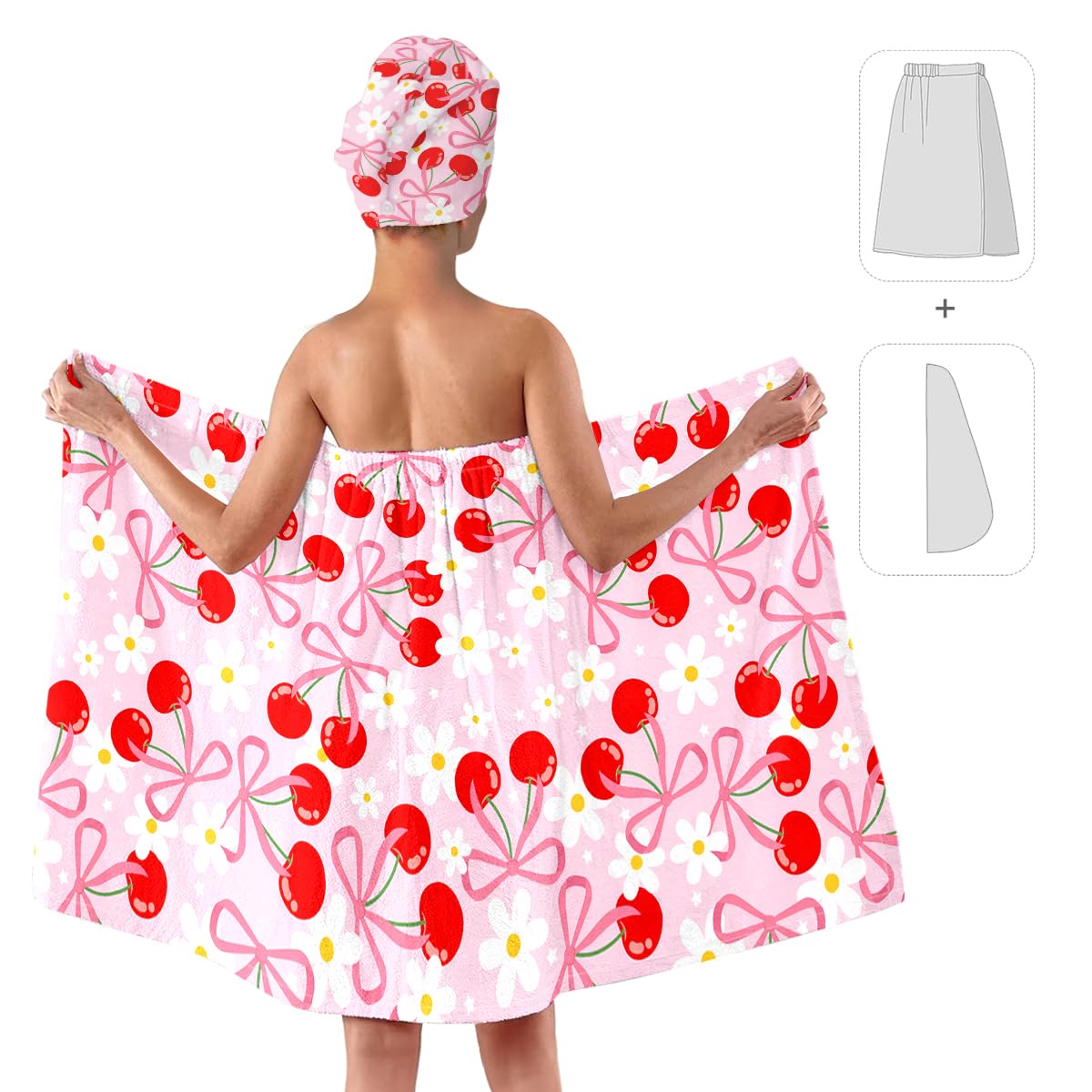 Strawberry Print Bath Wrap and Hair Drying Towel Set – Microfiber Quick Dry Shower Body Wrap for Women, Absorbent Spa Skirt with Elastic Band and Cute Bow Design (Strawberry 1)