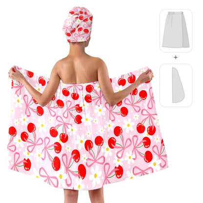 Strawberry Print Bath Wrap and Hair Drying Towel Set – Microfiber Quick Dry Shower Body Wrap for Women, Absorbent Spa Skirt with Elastic Band and Cute Bow Design (Strawberry 1)
