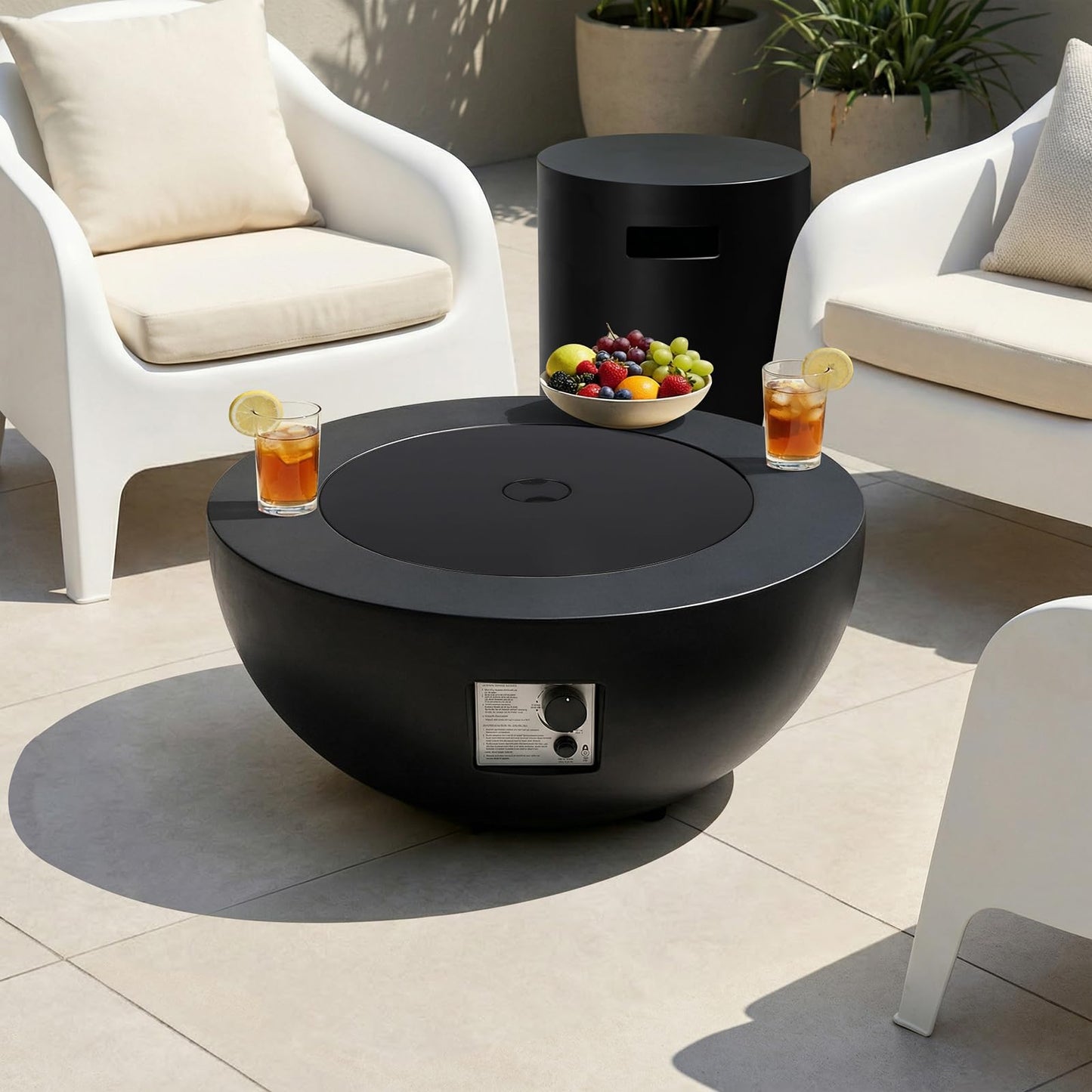 31.5 Inch Round Propane Fire Pit Table - Concrete Round Fire Bowl 50,000 BTU Natural Gas Firepit Burner with Steel Lid, Lava Rocks, Waterproof Cover for Outside Patio, Backyard, Party