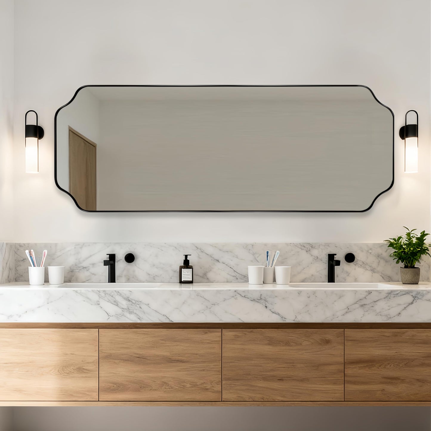 ANDY STAR Unique Rectangle Wall Mirror, 24"x32" Black Mirror, Modern Mirror with Aesthetic Scalloped Edge Design Ideal for Bathroom, Bedroom or Entryway, Thin Frame Deep 1’’