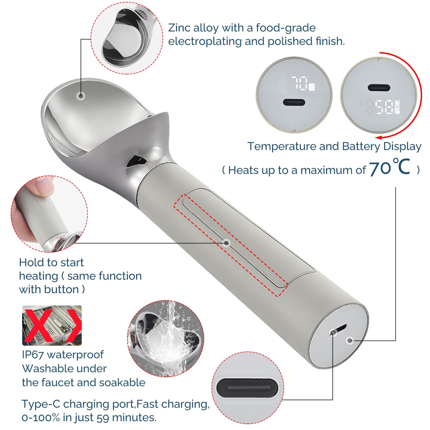 Heated Ice Cream Scoop Rechargeable, Electric Warming Ice Cream Scooper with LED Display, Heats to 158°F for Hard Ice Cream, Easy for Seniors & Kids, IP67 Waterproof (White, 2 oz)
