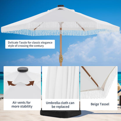 GDY 7.5ft Tassel Patio Umbrella and Matching Base, Outdoor Table Umbrella with 18 LED Lights,Market Umbrella with 6 Sturdy Ribs, with Push Button Tilt and Crank, Bright White