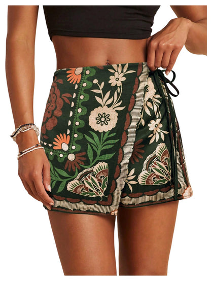 Sweatyrocks Women's Boho Mini Skirts Floral Shorts Tie Side Wrap Elastic Waist Summer Skorts Beach Vacation Outfits