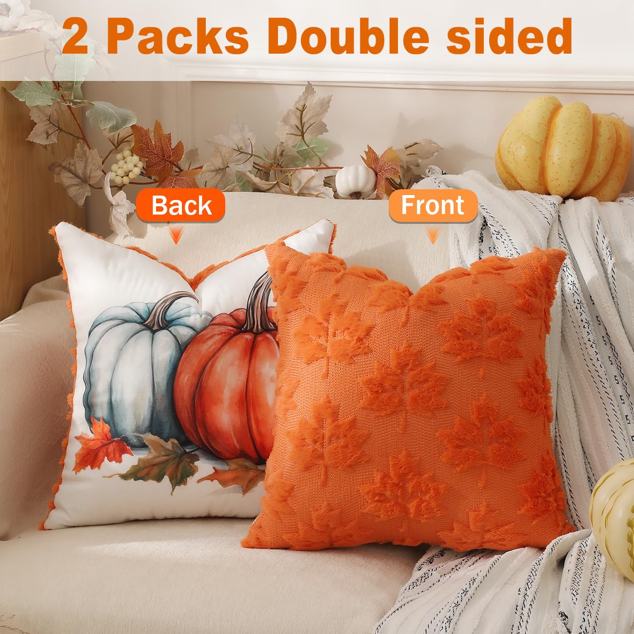 TOYPOPOR Halloween Decorations, 2 Packs Double Sided Ghost Pillow Covers, Soft Fur Throw Pillow Cases Indoor outdoor Pumpkin Couch Cushion Case for Fall Autumn Bedroom Living Room Home Decor 18''x18''