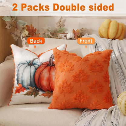 TOYPOPOR Halloween Decorations, 2 Packs Double Sided Ghost Pillow Covers, Soft Fur Throw Pillow Cases Indoor outdoor Pumpkin Couch Cushion Case for Fall Autumn Bedroom Living Room Home Decor 18''x18''