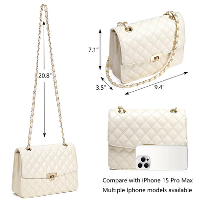 Quilted Leather Crossbody Bags for Women Trendy Ladies Shoulder Purse Satchel HandBag with Chain Strap