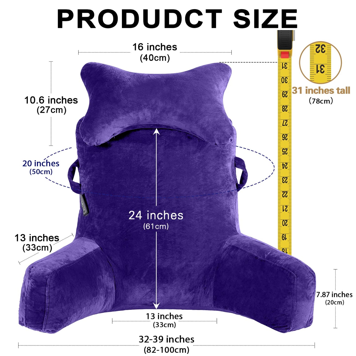 Reading Pillow-Extra Large 31" Bed Rest Pillow with Detachable Neck Roll & Arms for Sitting in Bed or Couch-Backrest Reading Pillow Adult Back Pillows for Reading,Watching TV,Gaming,Relaxing-Black