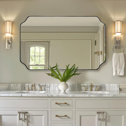 ANDY STAR Unique Rectangle Wall Mirror, 24"x32" Black Mirror, Modern Mirror with Aesthetic Scalloped Edge Design Ideal for Bathroom, Bedroom or Entryway, Thin Frame Deep 1’’
