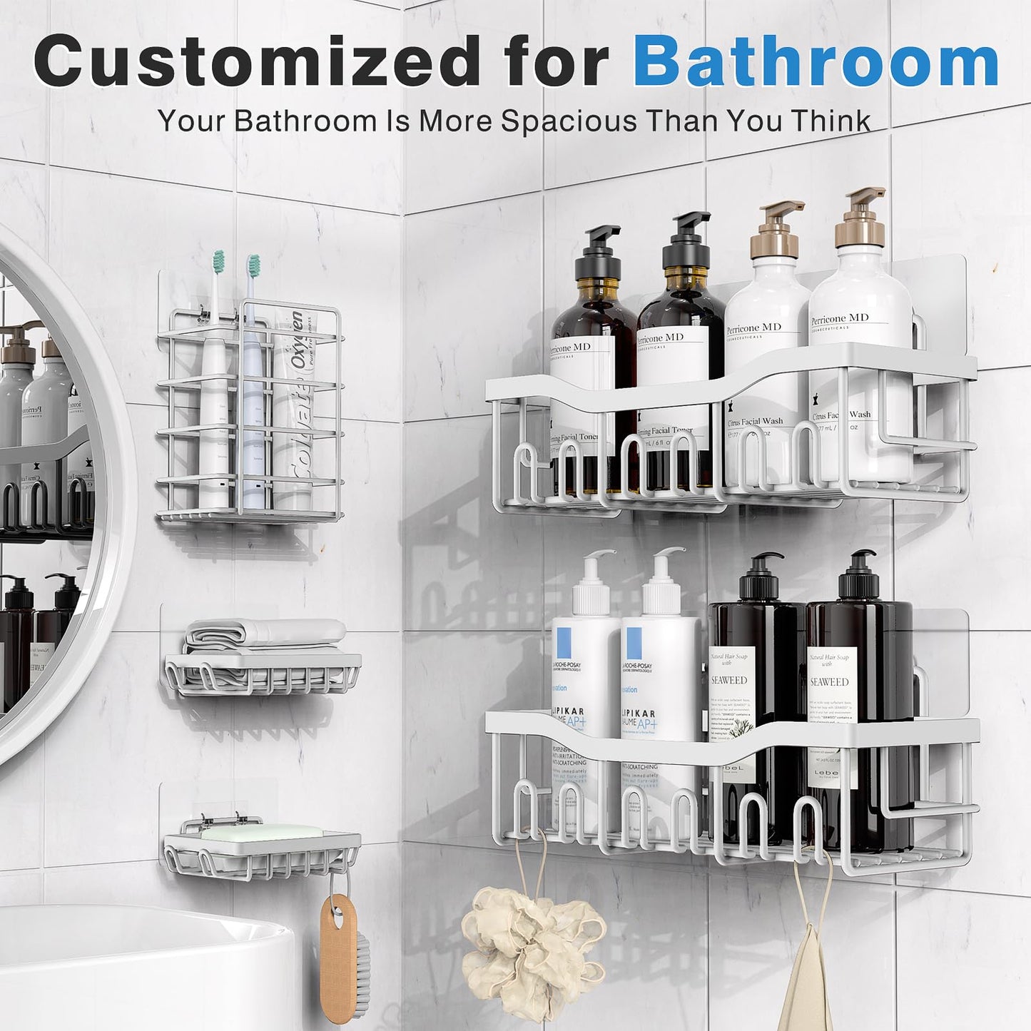 EUDELE Adhesive Shower Caddy, 5 Pack Rustproof Stainless Steel Bath Organizers With Large Capacity, No Drilling Shelves for Bathroom Storage & Home Decor