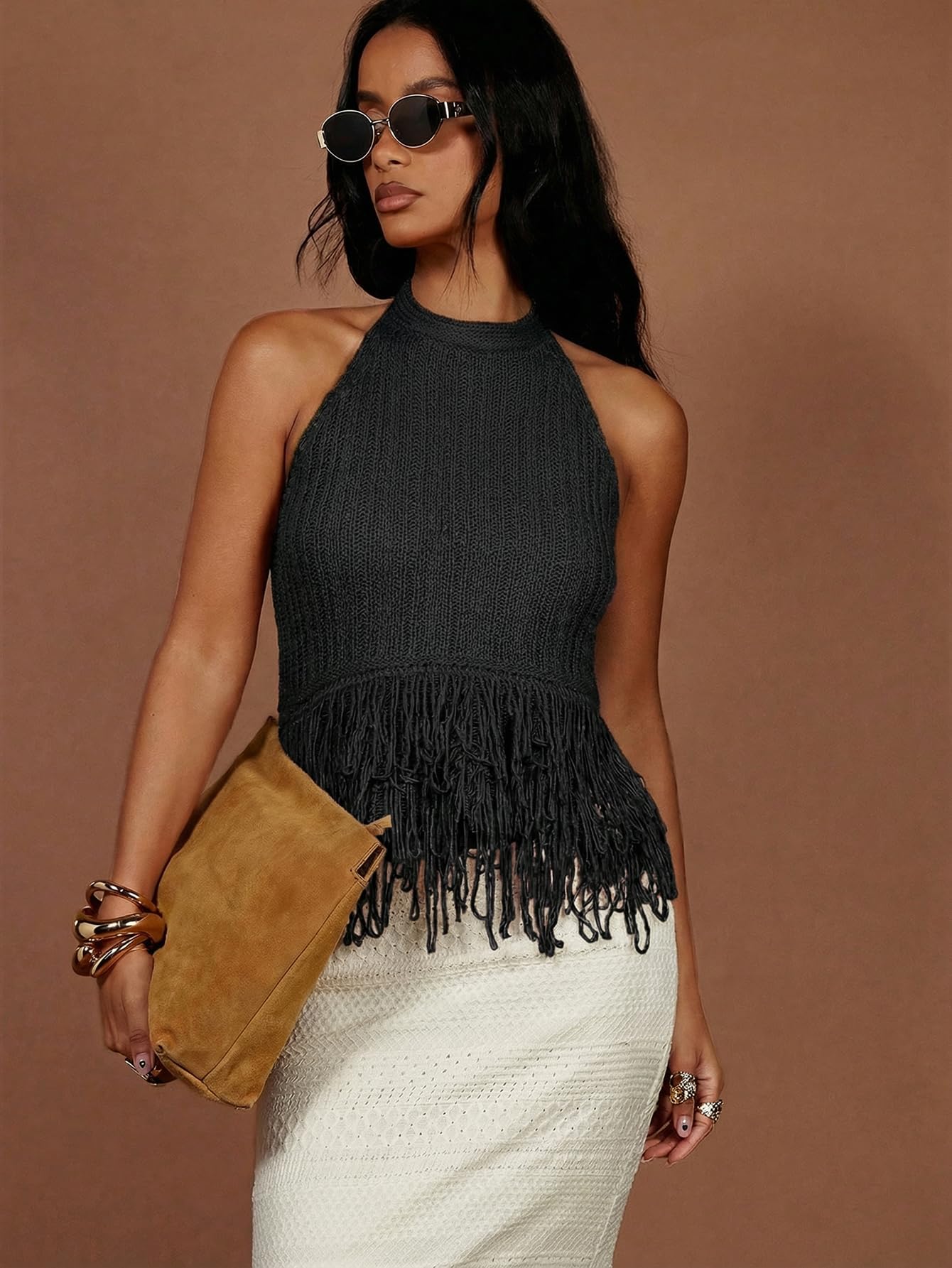 SweatyRocks Women's Boho Fringe Halter Tops Sleeveless Open Back Summer Knit Crochet Tank Top