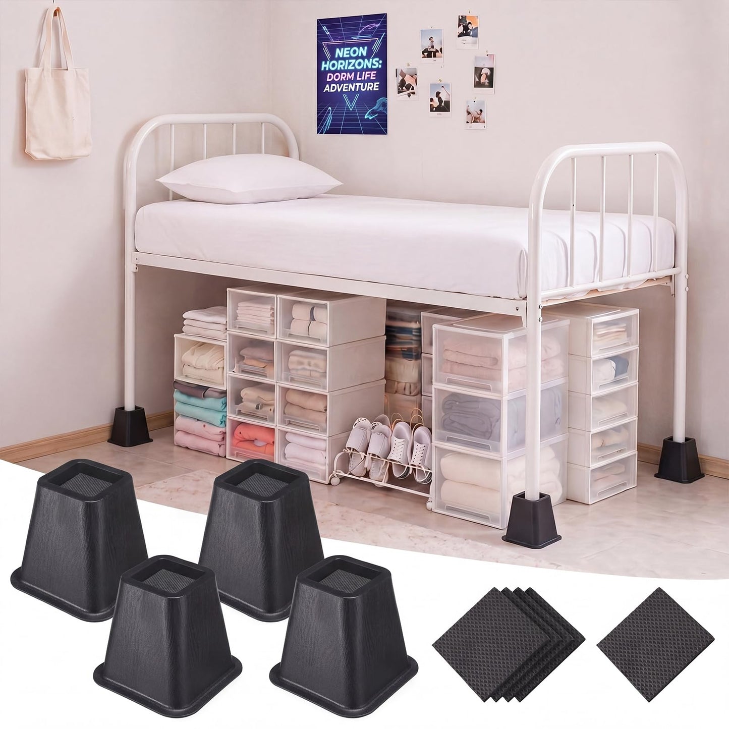Novabright 4 Pack 12 Inch College Dorm Bed Risers Heavy Duty Extra Plastic Dorm Bed Extender Stackable Furniture Risers for College Room Storage Sofa Table Desk Couch Chair(White)