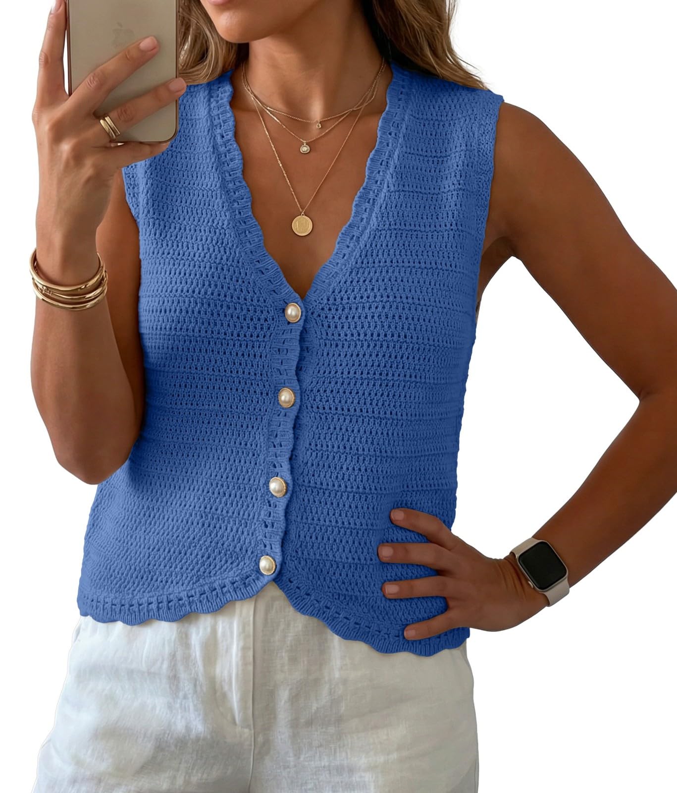 GRECERELLE Women's Summer Sleeveless V Neck Sweater Vest Knit Tank Top | Button Front Closure, Crochet Knit Design, Casual Style, Cropped Fit, Versatile Layering, for Office, Travel