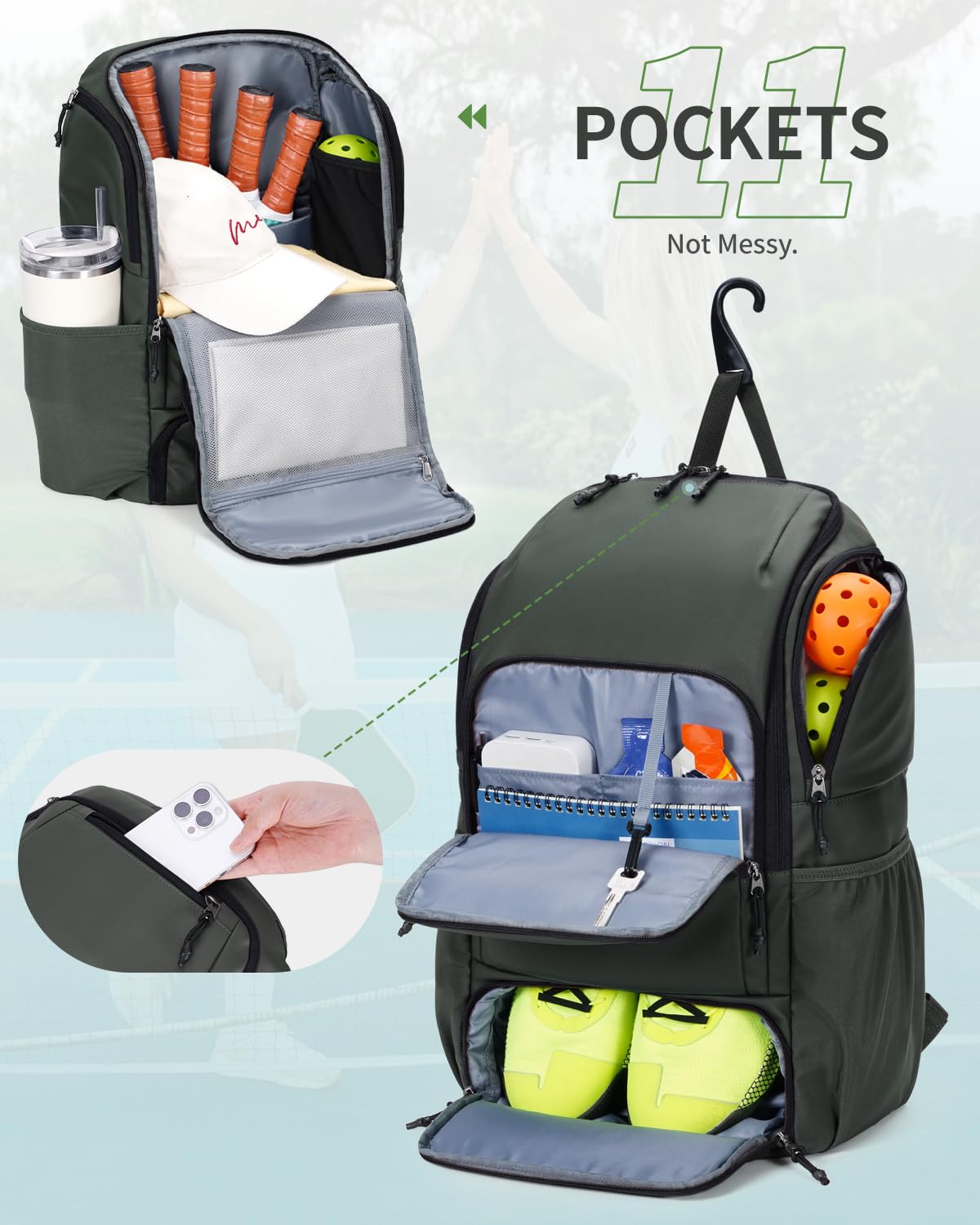 sportsnew Waterproof Pickleball Bag Men Women W/Shoe Compartment Fence Hook