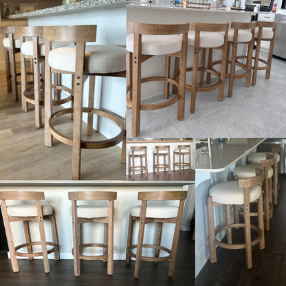 LukeAlon Mid Century Linen Counter Stools Set of 4, Upholstered 26.5” Seat Height Low Barstools with Natural Wood Legs Round Low Back Kitchen Stools with Footrest for Dining Room, Beige